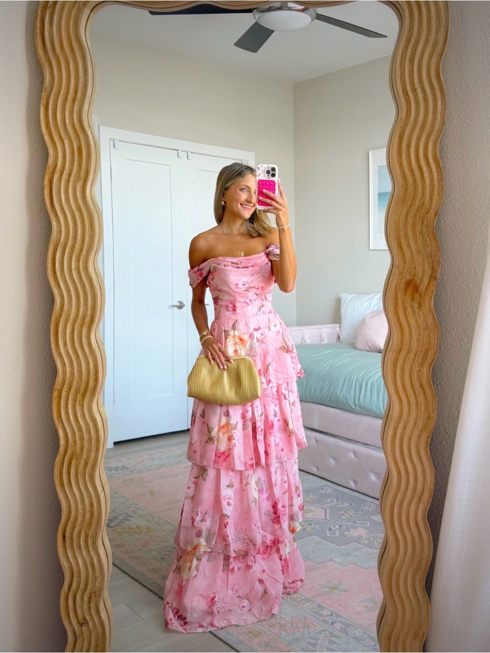 Women’s Pink Floral Off-Shoulder Tiered Maxi Dress
